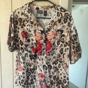 Chico's Leopard Print Blouse with Red Floral Accents